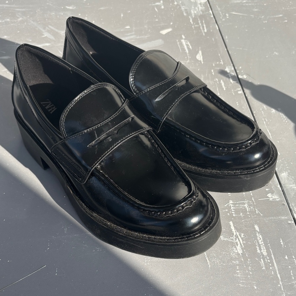 Zara Black Gloss Penny Loafers for Women